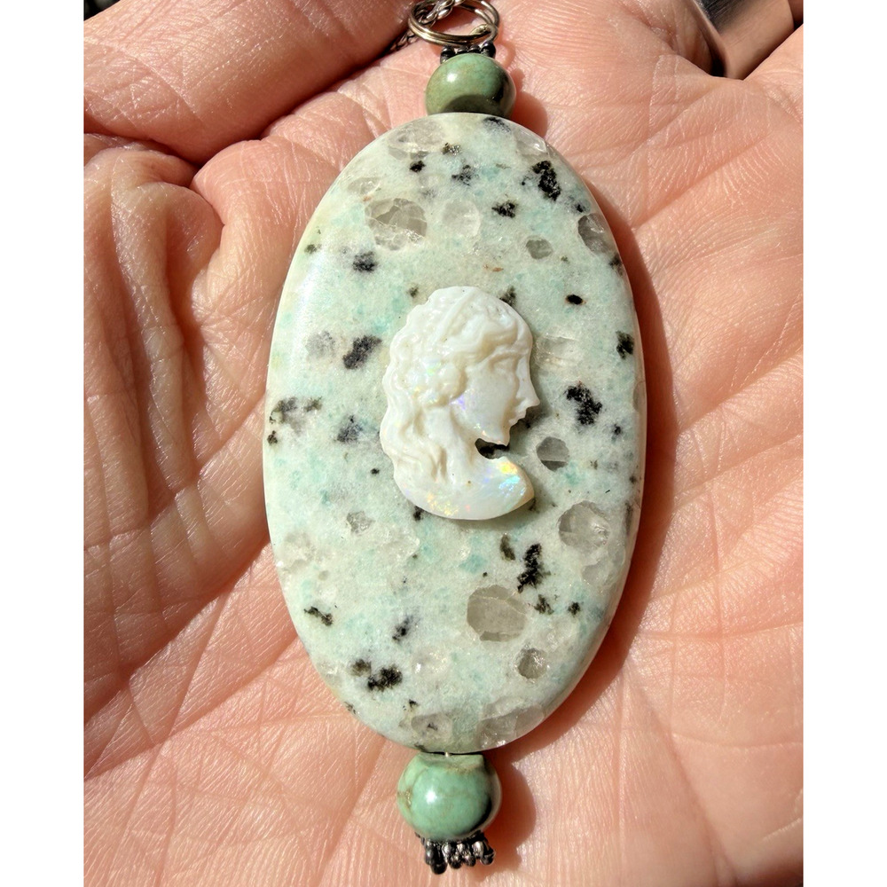 Large Stone Cameo Necklace Opal Lady Carving Green Speckled Pendant 14”